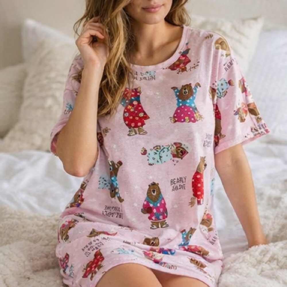 Secret Treasures Women's Pink Bear Graphic Sleepshirt Nightgown Size L